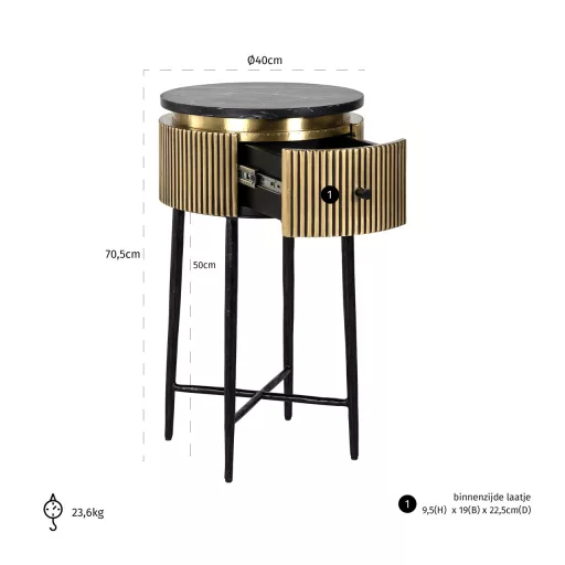 Arany bordázott kör alakú lerakóasztal fekete márvány hatású tetővel – modern luxus design