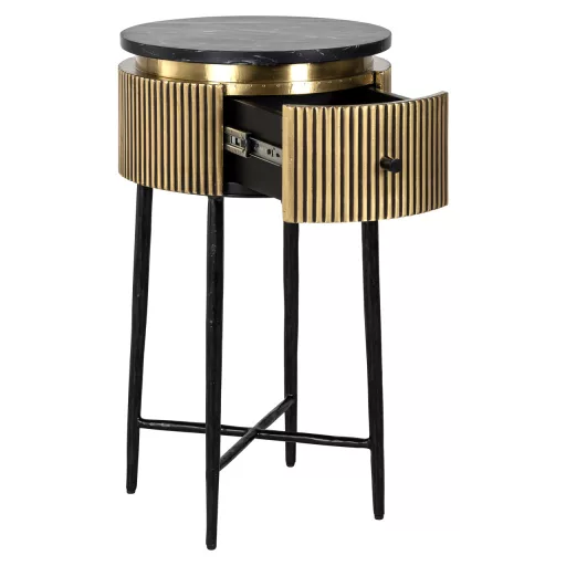 Arany bordázott kör alakú lerakóasztal fekete márvány hatású tetővel – modern luxus design