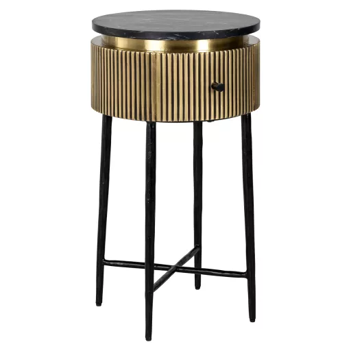 Arany bordázott kör alakú lerakóasztal fekete márvány hatású tetővel – modern luxus design