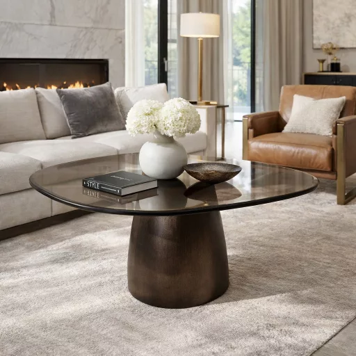 Prémium füstüveg dohányzóasztal bronz fém talppal – modern luxus nappali asztal