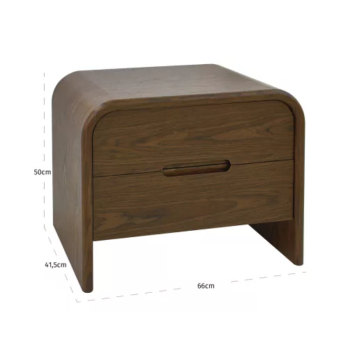 Barna, fa hatású 2 fiókos éjjeliszekrény 66 cm – modern lekerekített design