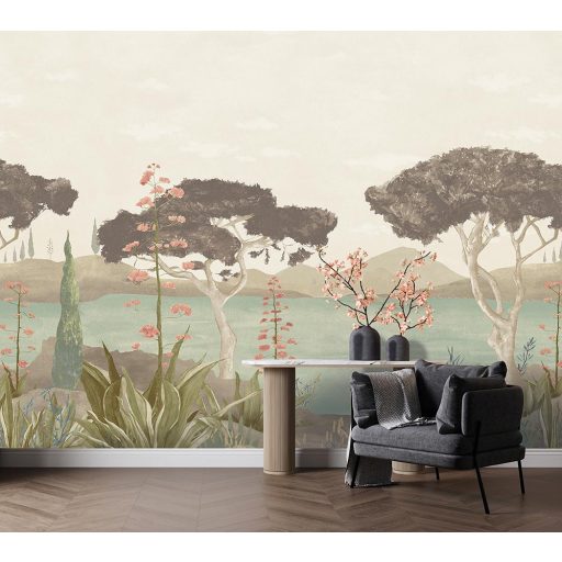 Pasztell panorámás tájkép tapéta – festményszerű design nappaliba