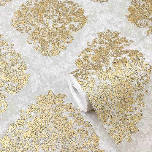 Prémium damaszt mintás tapéta – elegáns szürke-arany színben