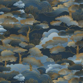   Japán tájkép mintás dekor tapéta – elegáns keleti stílusú faldekor kék- arany részletekkel