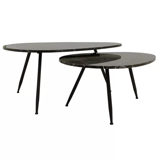 Ovális dohányzóasztal szett márvány tetővel – 2 részes design asztal fém lábbal