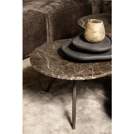 Ovális dohányzóasztal szett márvány tetővel – 2 részes design asztal fém lábbal